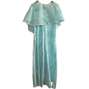 VTG 70s Handmade Blue Floral Ball Gown Capelet Empire Waist Maxi 10 Cottage Glam